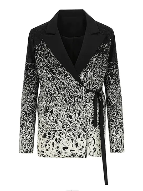 Wenkouban-Winter outfits Christmas Black Friday Black Notched Gradient Print Side Lace-Up Blazer