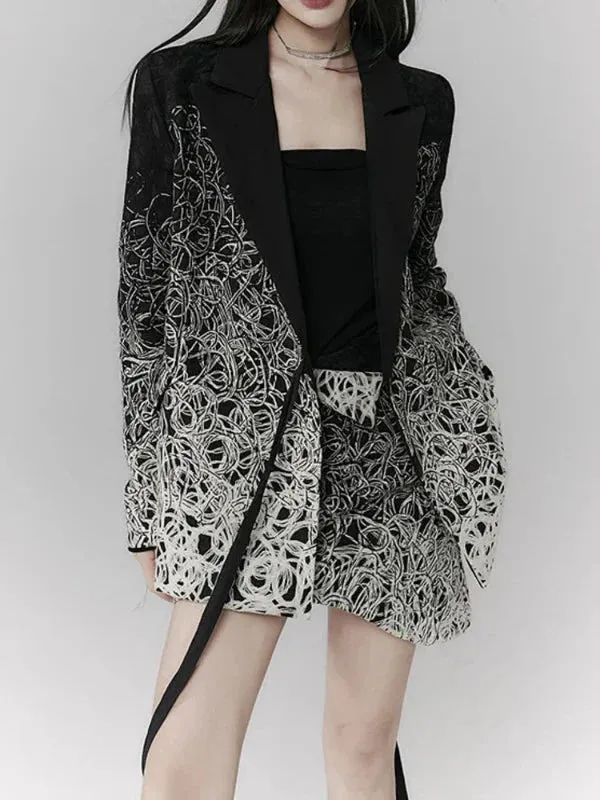 Wenkouban-Winter outfits Christmas Black Friday Black Notched Gradient Print Side Lace-Up Blazer