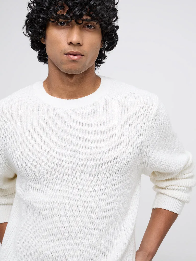 WES Casuals White Knitted Relaxed-Fit Cotton Sweater