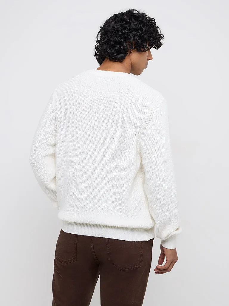 WES Casuals White Knitted Relaxed-Fit Cotton Sweater