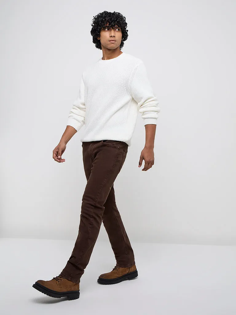 WES Casuals White Knitted Relaxed-Fit Cotton Sweater