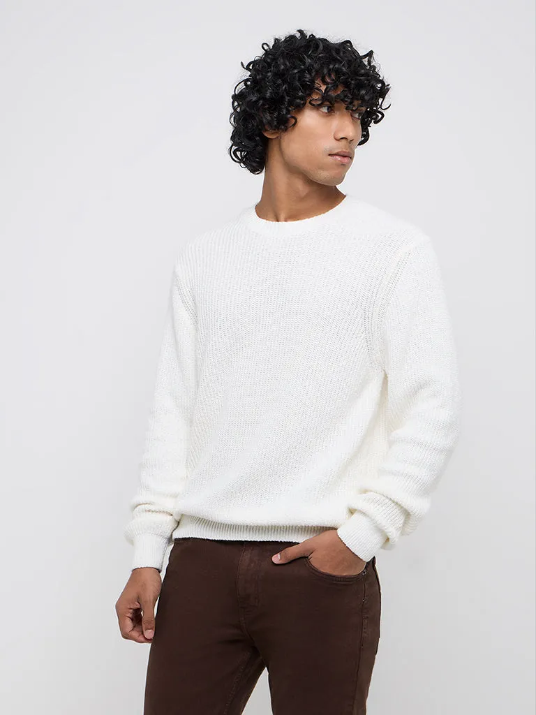 WES Casuals White Knitted Relaxed-Fit Cotton Sweater