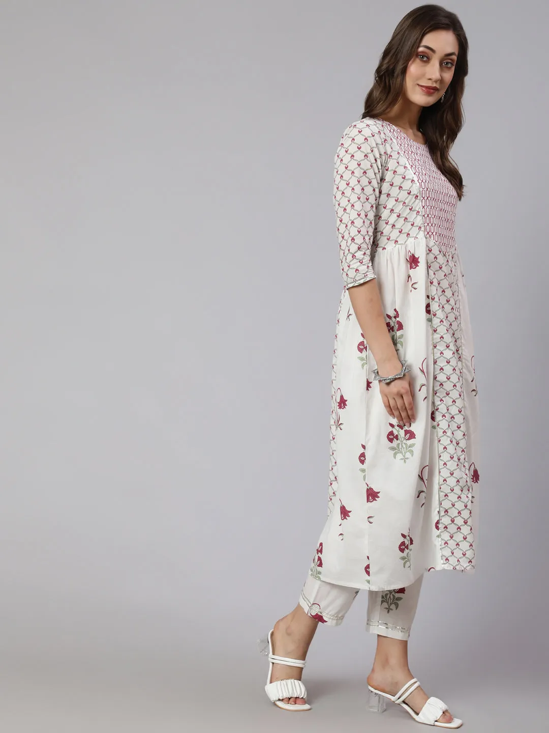 White & Magenta Pink Ethnic Printed Flared Kurta With Pants & Dupatta