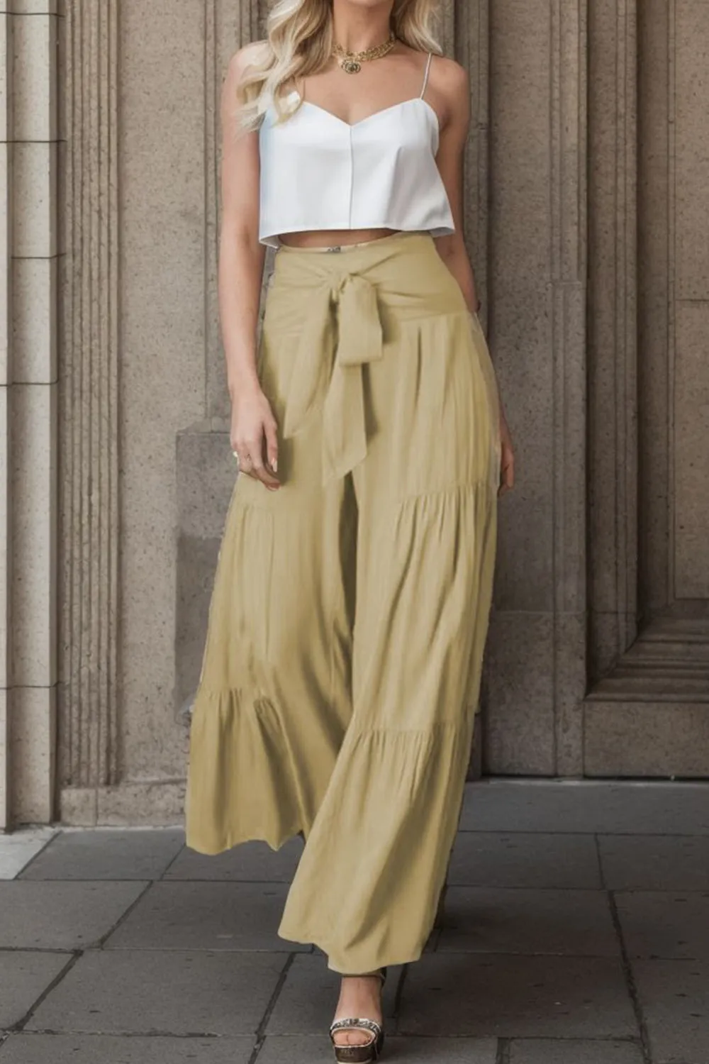 Wide Leg Pants Women's Boho Tied Waist Loose Fit Flowy Bell bottom Pants