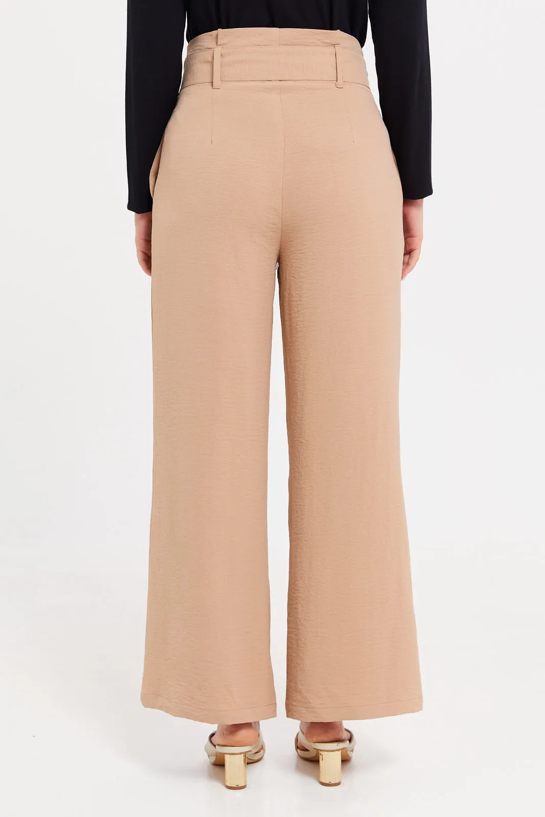 Women Beige Paper Bag Waist Belted Trousers