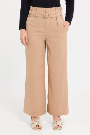 Women Beige Paper Bag Waist Belted Trousers