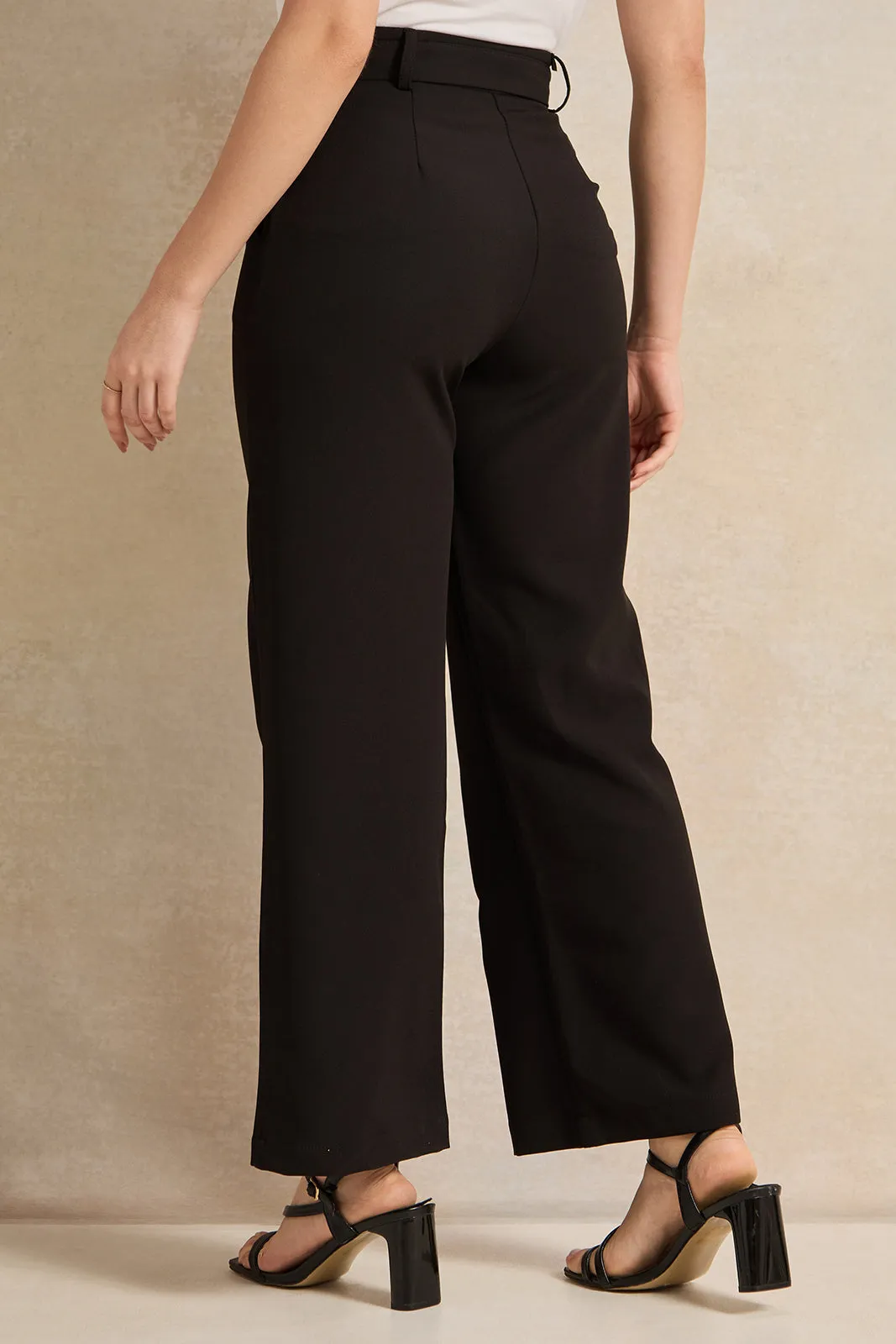 Women Black Buckle Belted Trousers