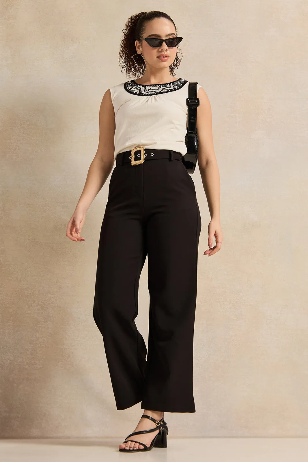 Women Black Buckle Belted Trousers