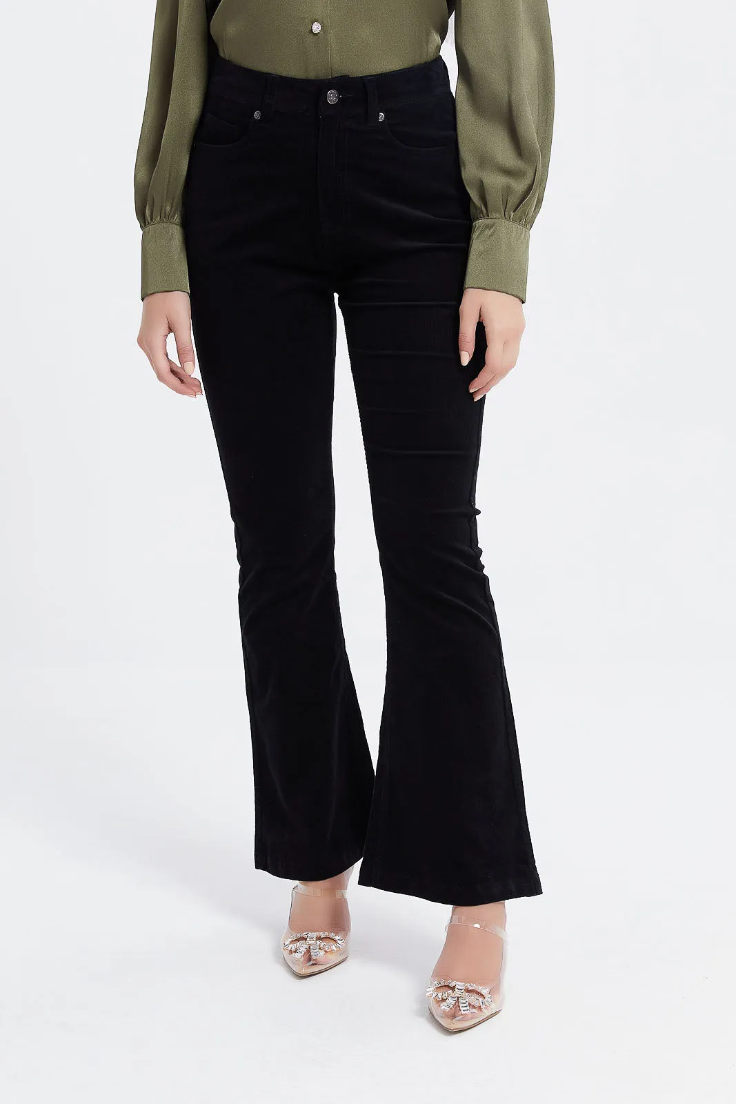 Women Black Fit Flare Corduroy Trousers