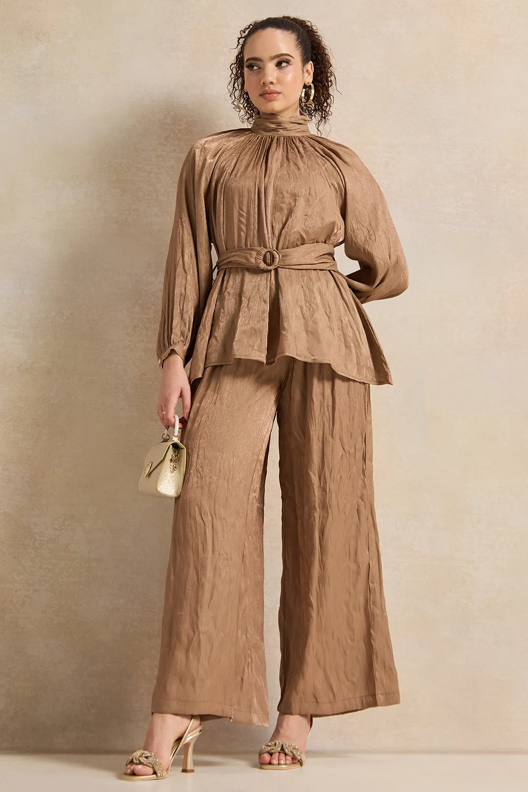 Women Bronze Shimmer Crinkled Trousers