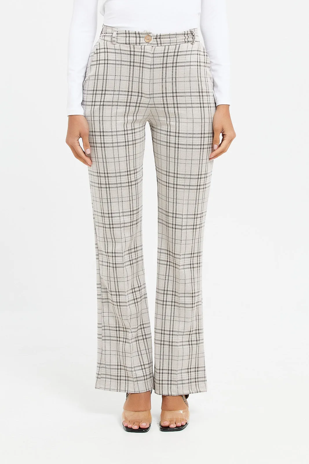 Women Grey Checkered Wide Leg Trouser