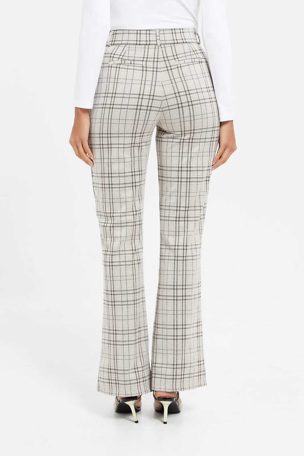 Women Grey Checkered Wide Leg Trouser