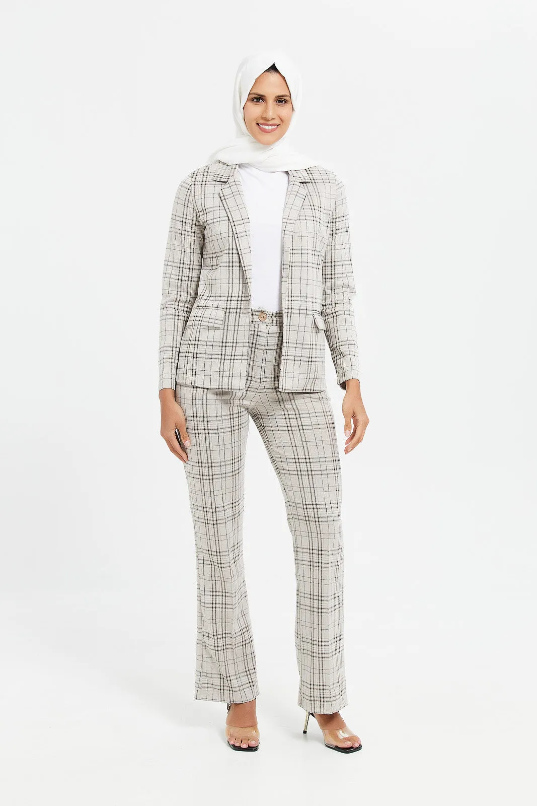 Women Grey Checkered Wide Leg Trouser