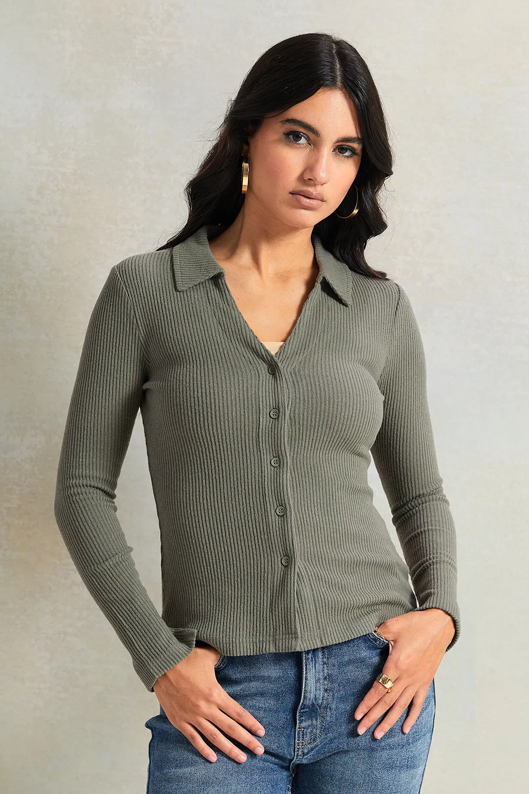 Women Olive Long Sleeve Knitted Top