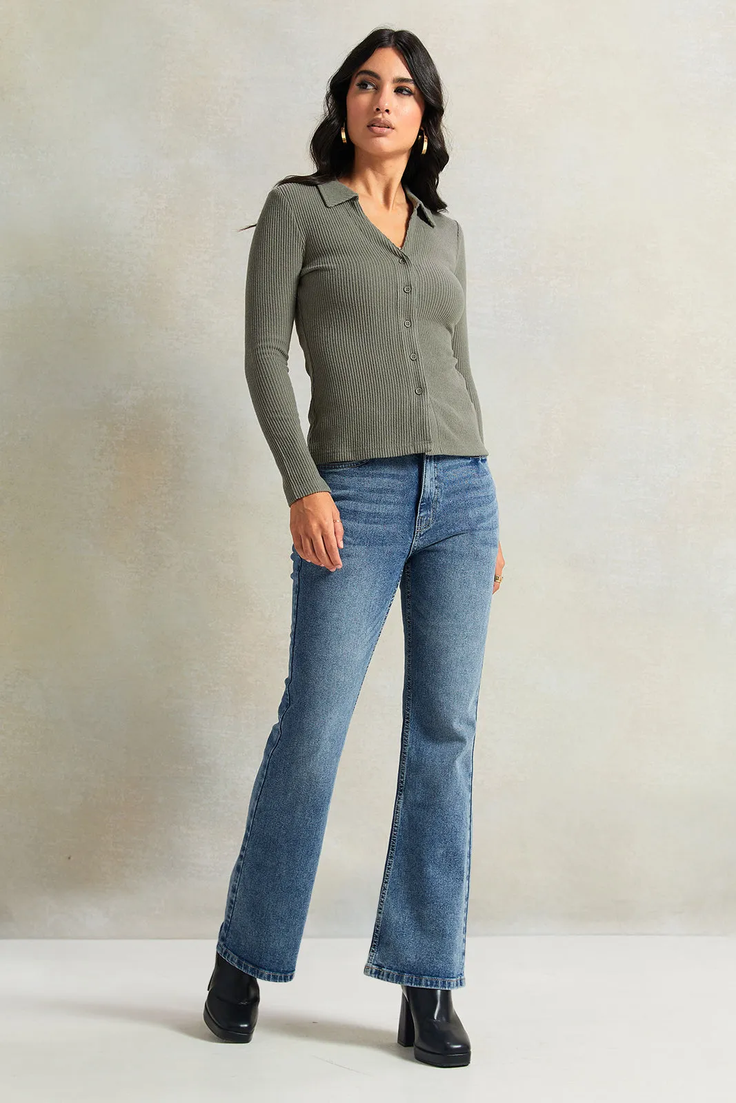 Women Olive Long Sleeve Knitted Top