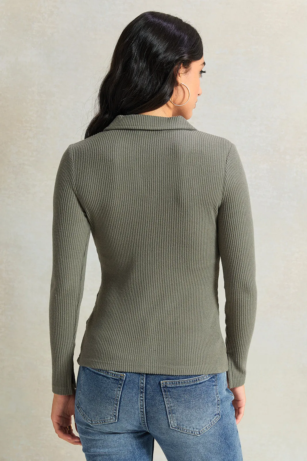 Women Olive Long Sleeve Knitted Top