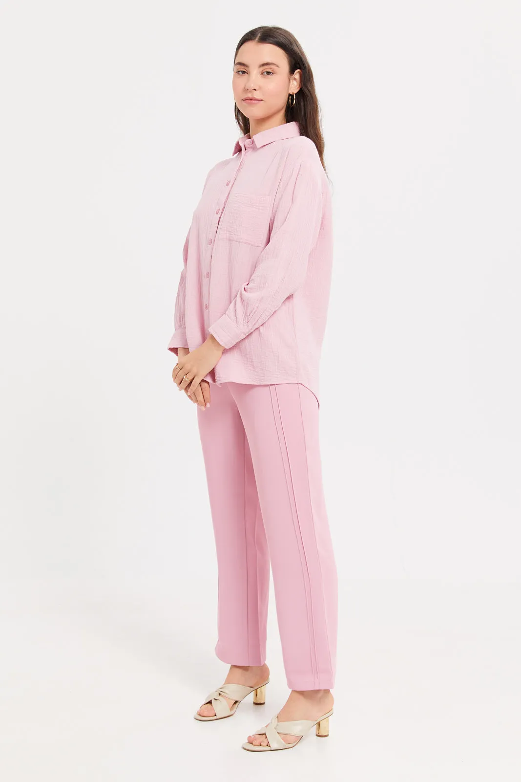 Women Pink Double Pleat Straight Fit Trousers