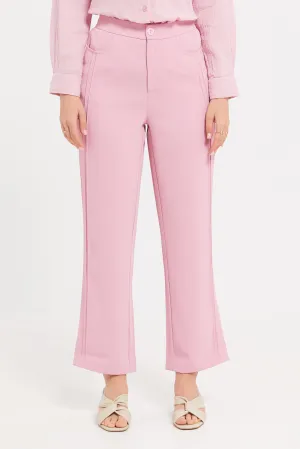 Women Pink Double Pleat Straight Fit Trousers