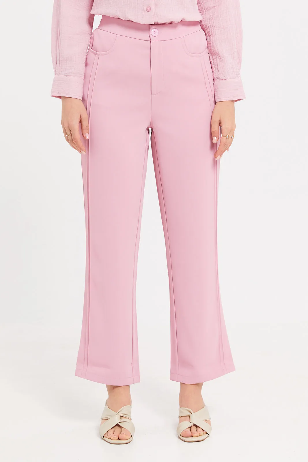 Women Pink Double Pleat Straight Fit Trousers