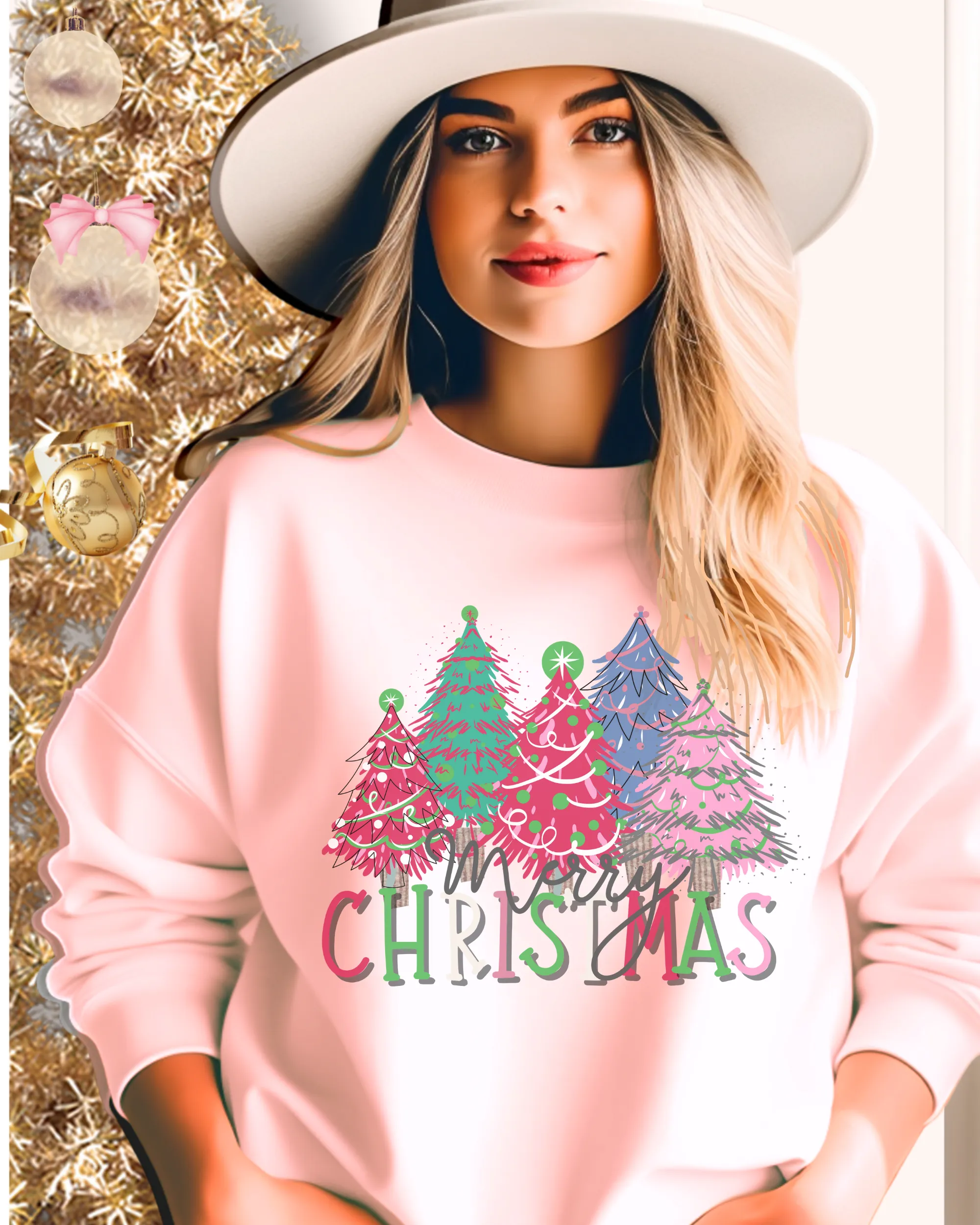 Women's Christmas Crewneck Sweatshirt Watercolor Pastel Christmas Trees Pink Ash Sand and White