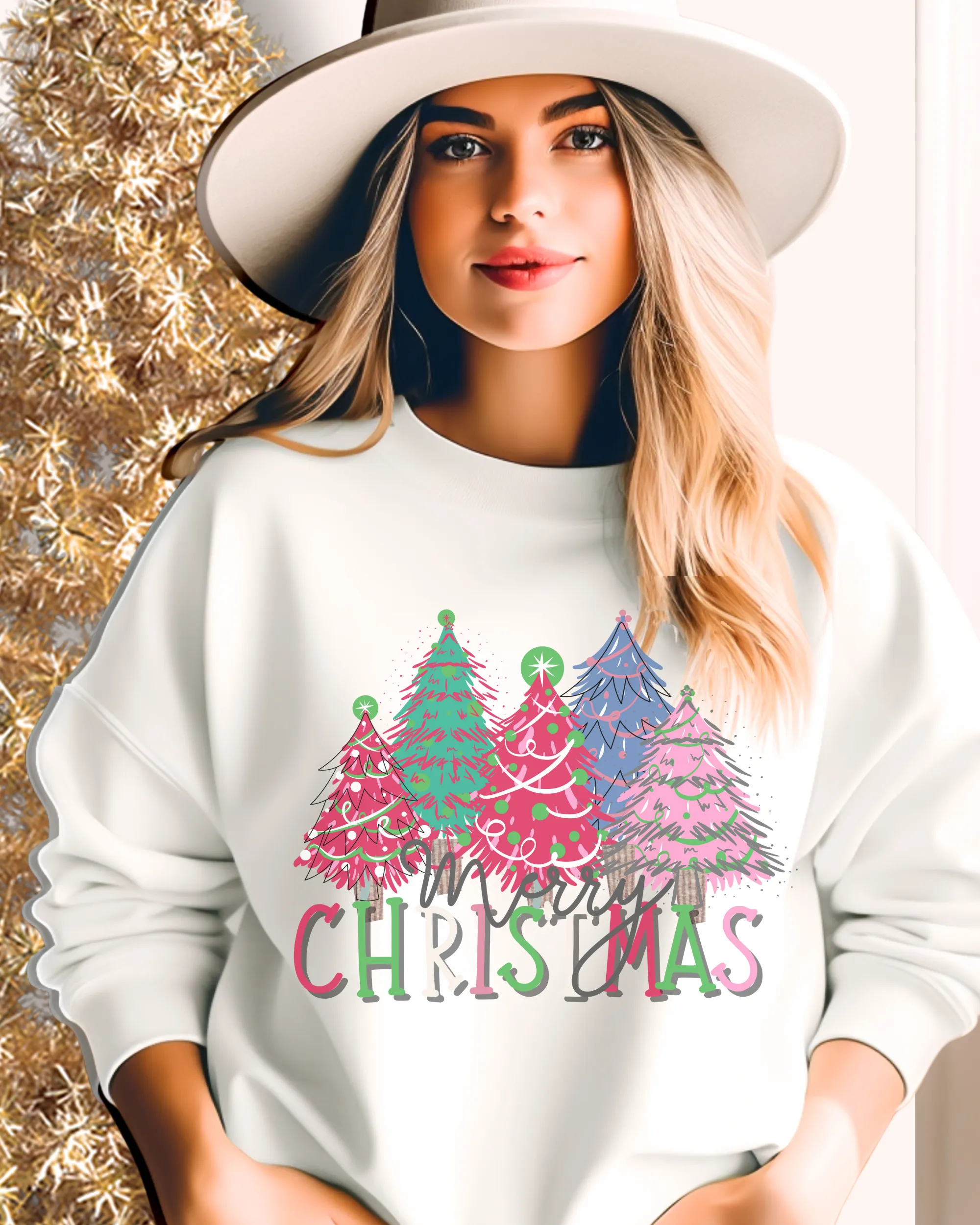 Women's Christmas Crewneck Sweatshirt Watercolor Pastel Christmas Trees Pink Ash Sand and White