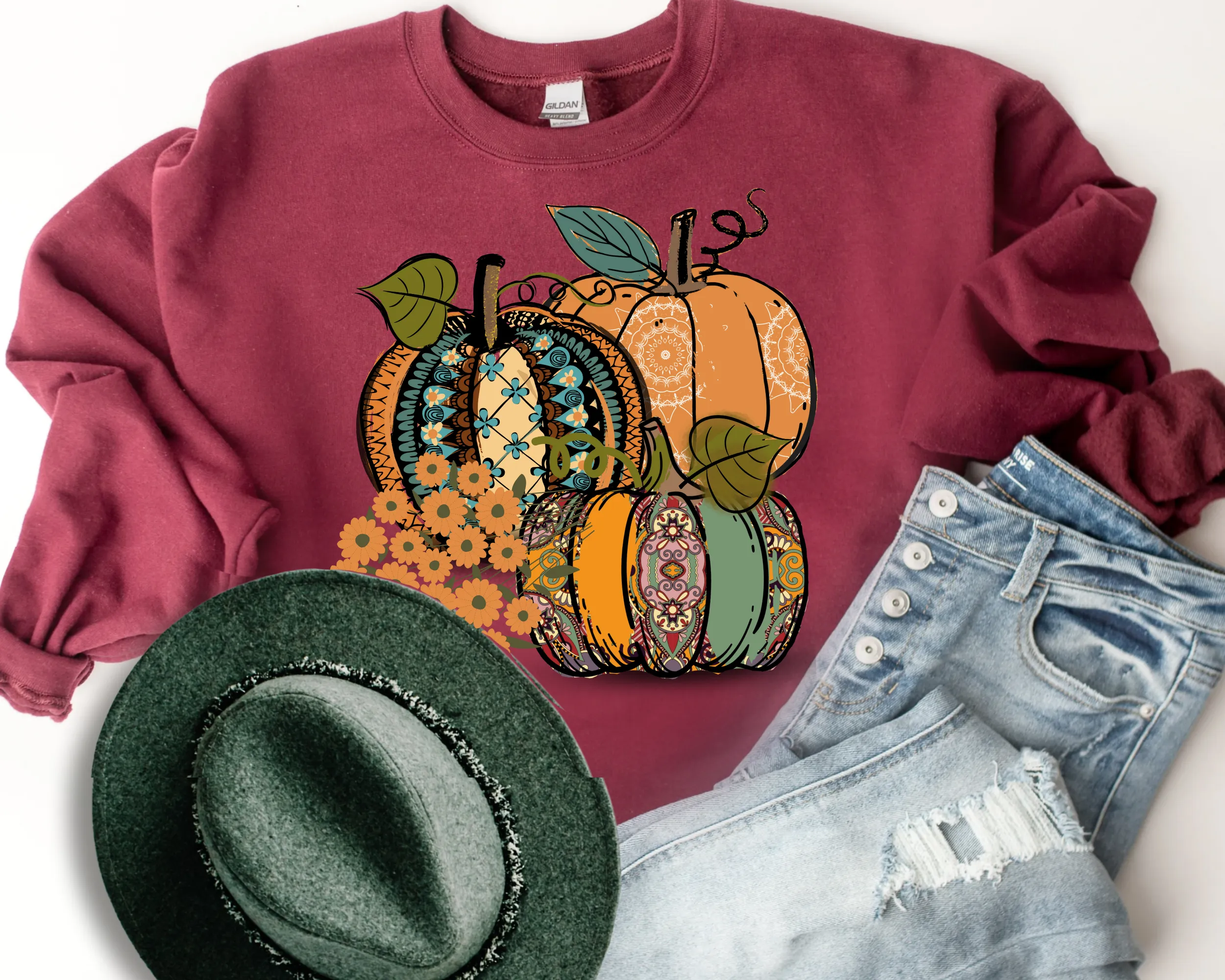 Women's Fall Hand Drawn Pumpkins Design Pretty Watercolors Pumpkins Sweatshirt