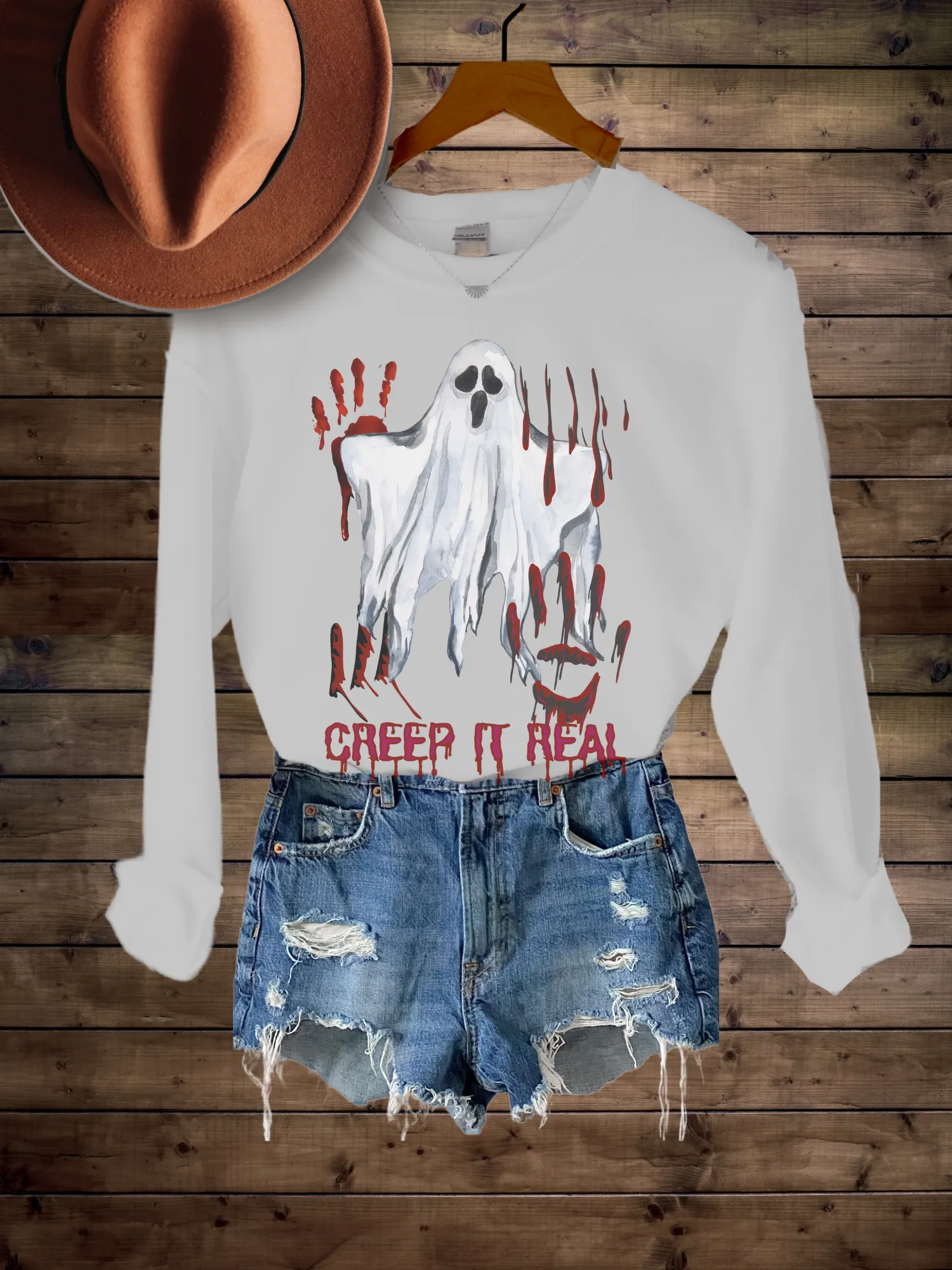 Women's Funny Halloween Creep It Real Crewneck Sweatshirt Funny Slasher Movie Pullover