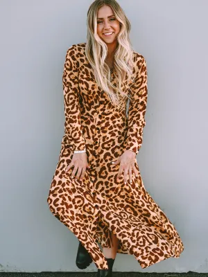 Womens Leopard Button-Up Long Sleeve Maxi Dress