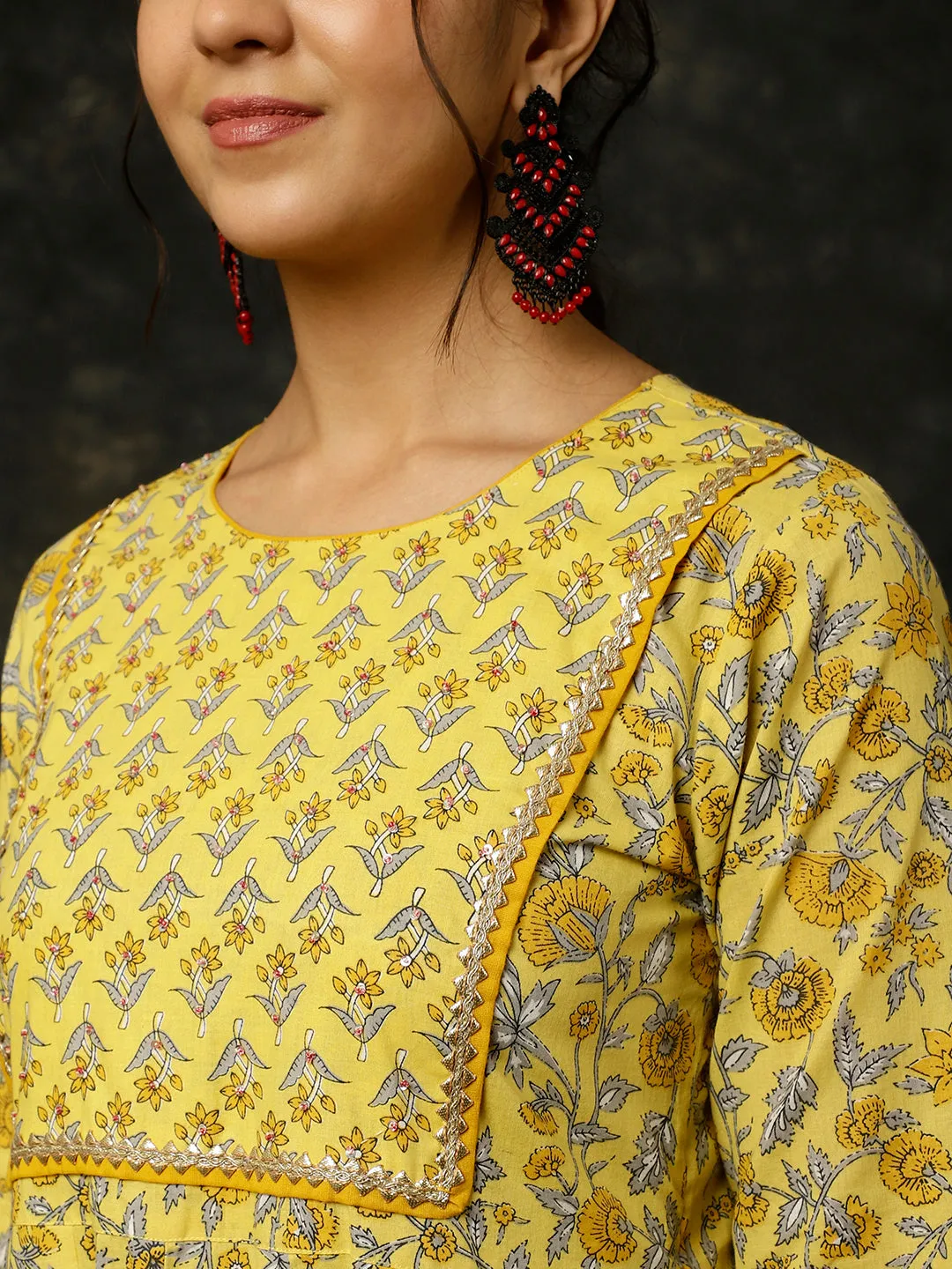 Yellow Ethnic Print Anarkali Kurta With Pants And Dupatta