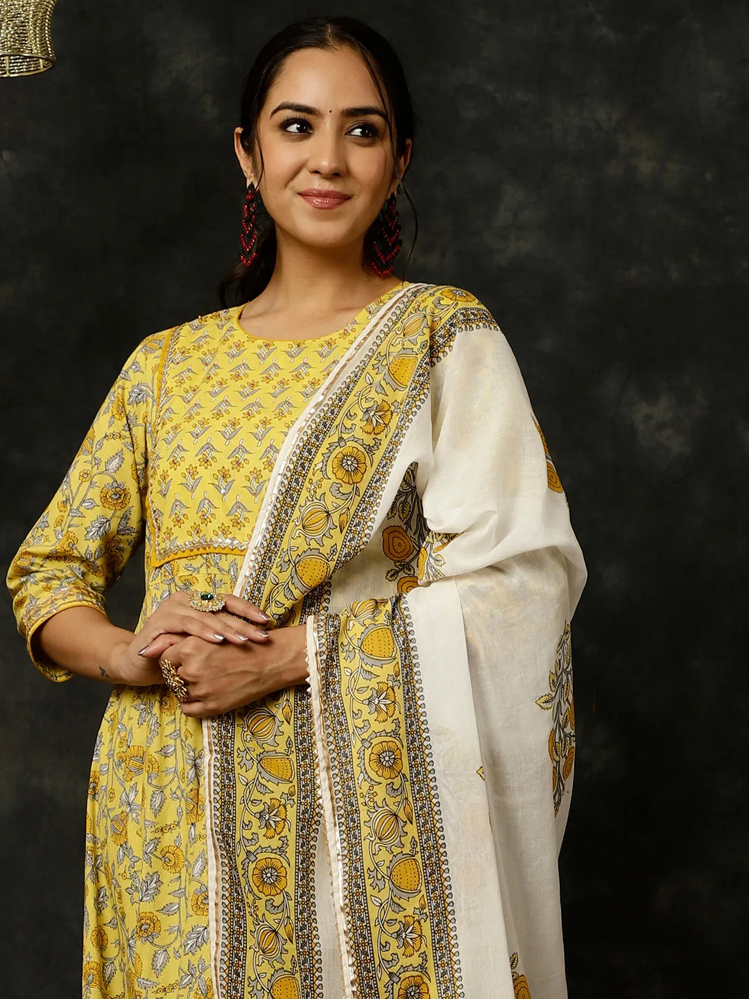 Yellow Ethnic Print Anarkali Kurta With Pants And Dupatta