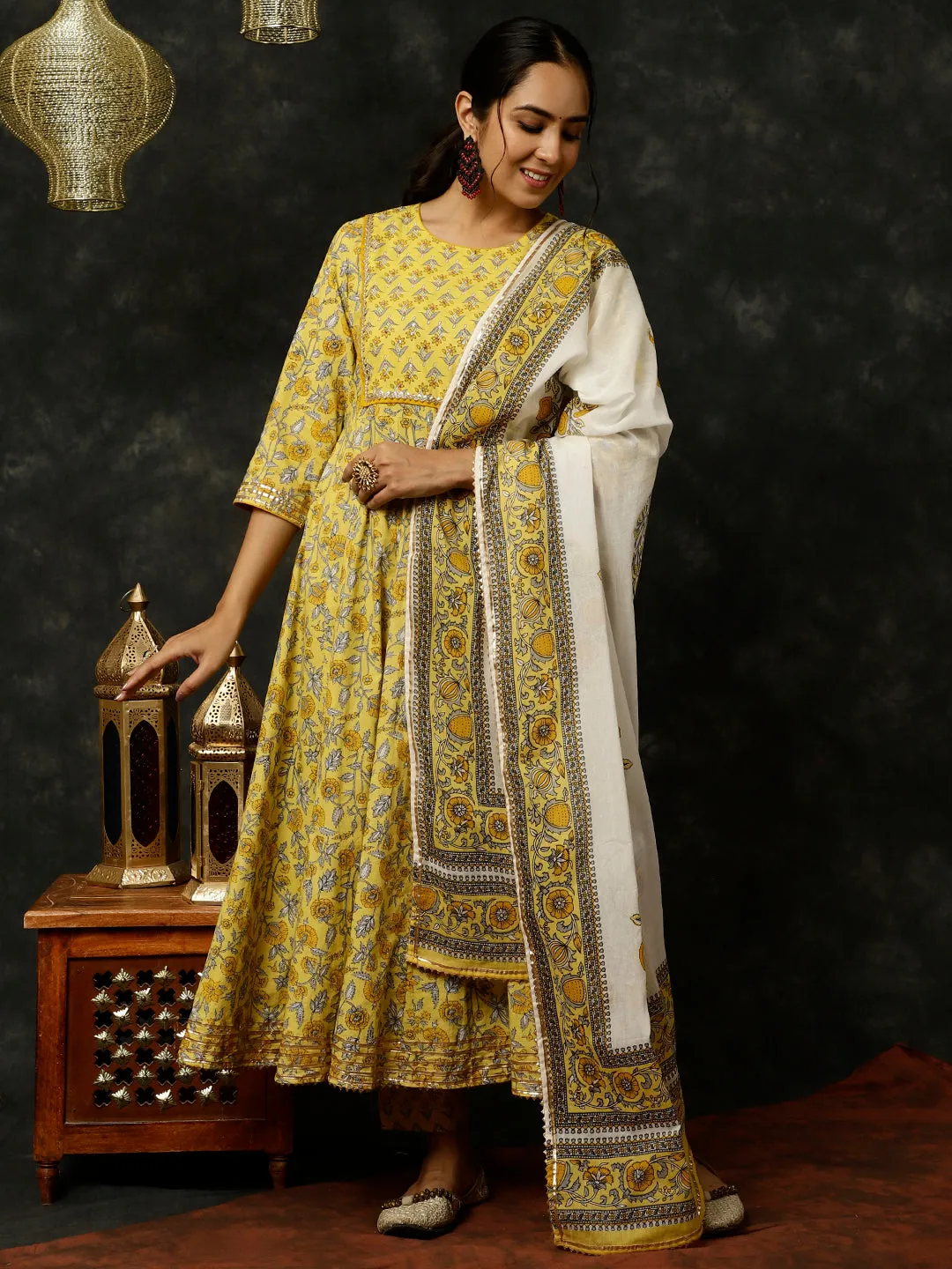 Yellow Ethnic Print Anarkali Kurta With Pants And Dupatta