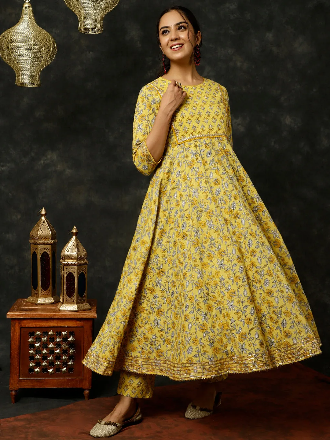 Yellow Ethnic Print Anarkali Kurta With Pants And Dupatta