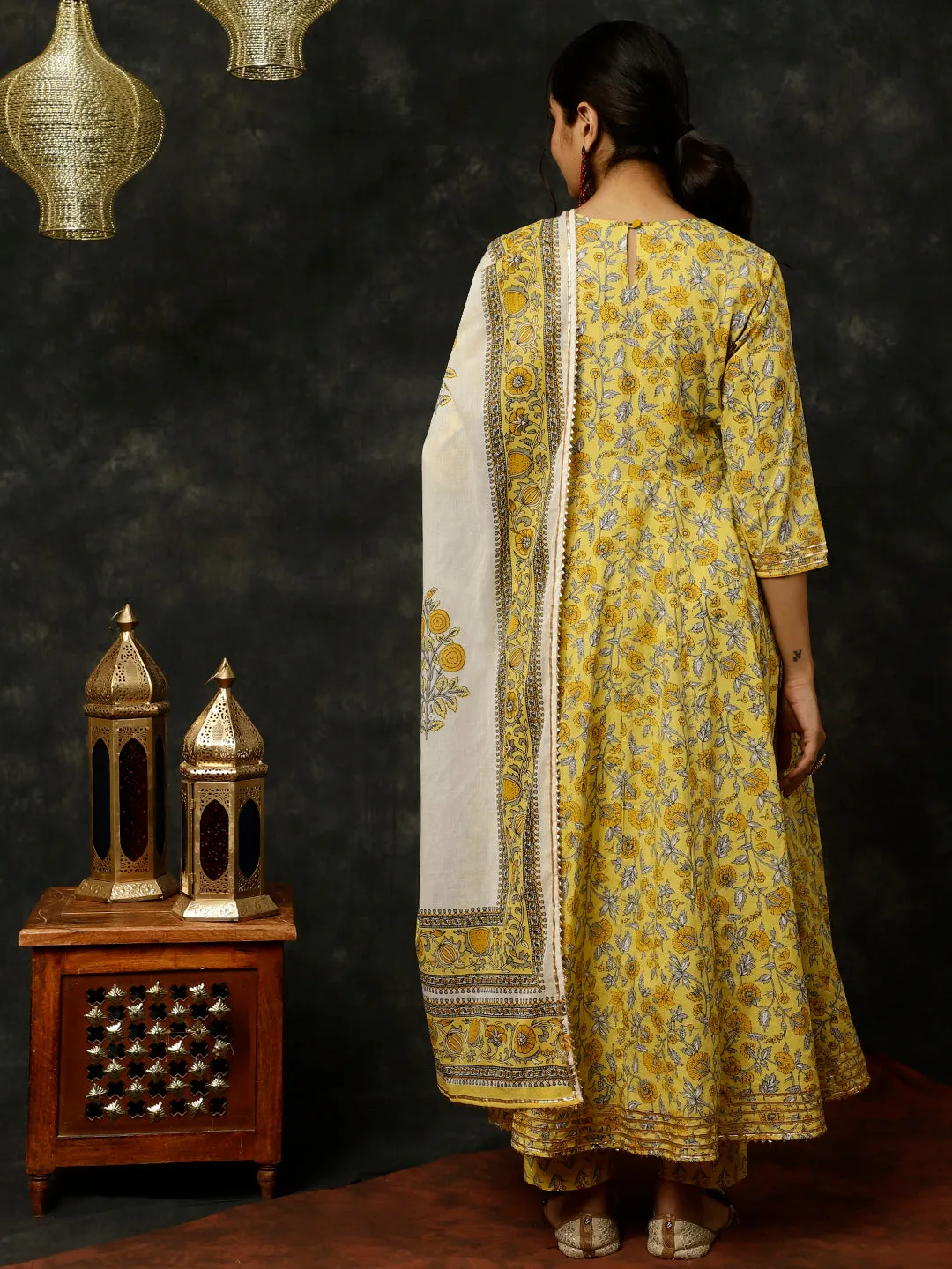 Yellow Ethnic Print Anarkali Kurta With Pants And Dupatta