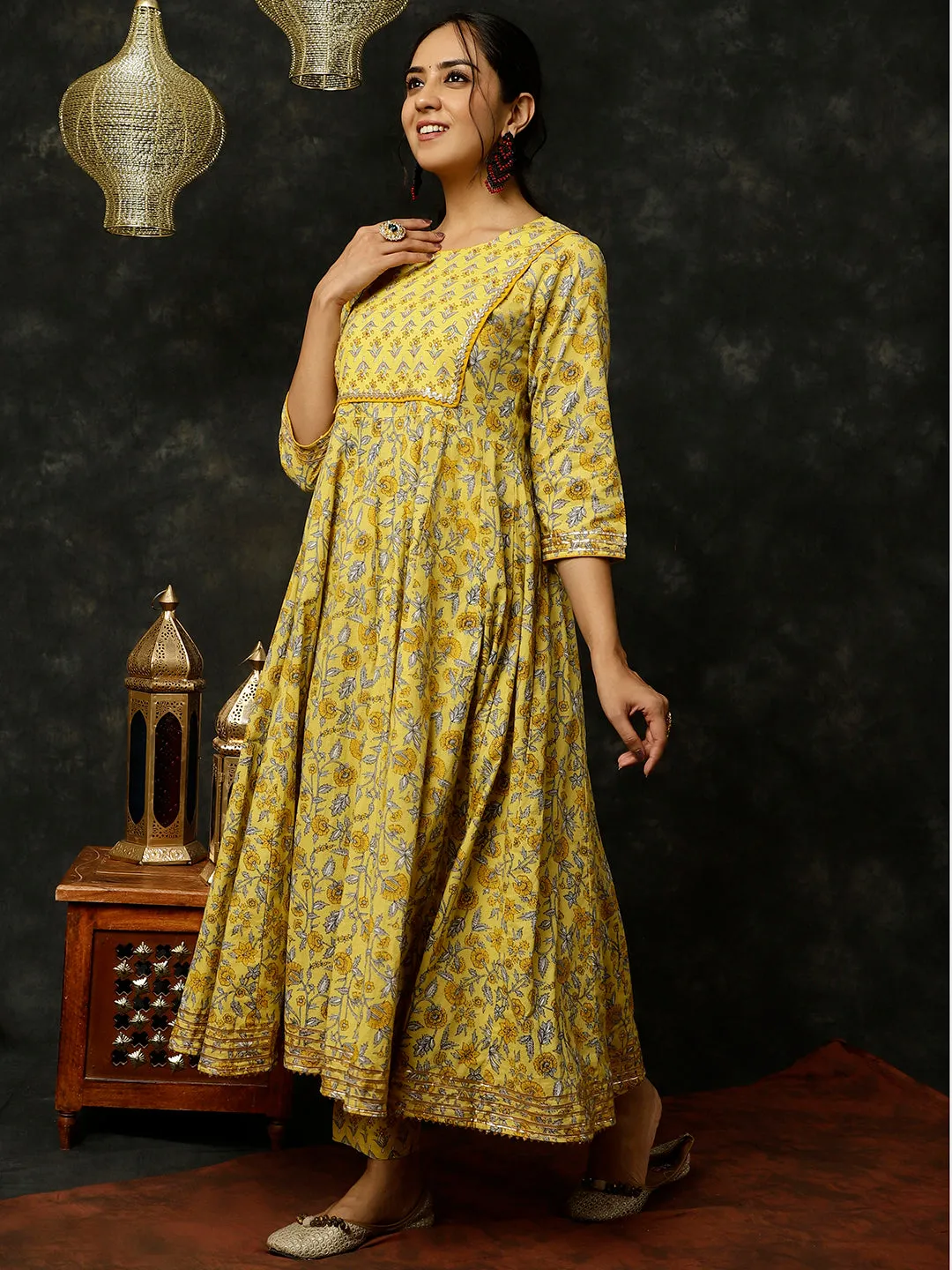 Yellow Ethnic Print Anarkali Kurta With Pants And Dupatta